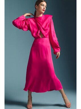Anthropologie Farm Rio Pink Cut Out Shoulder Pad Satin Maxi Dress L NEW